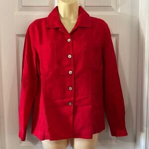 Chico’s Design 1 Red Linen Blend Damask Blouse Woman Size 8 Button Front